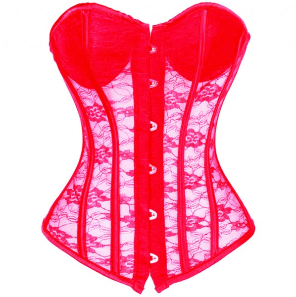 Red lace corset with front busk closure