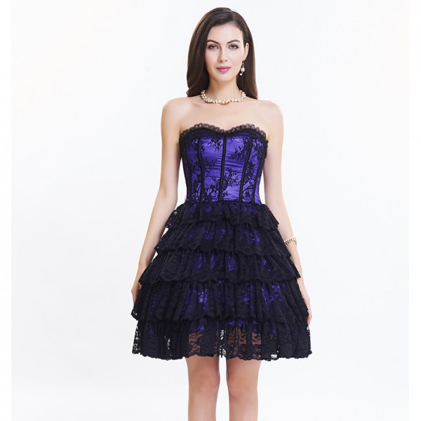 Purple Victorian Elegant Sweetheart Neck Strapless Lace Overlay A-line Corset Dress