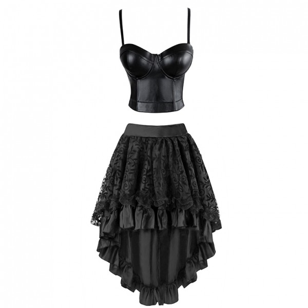 Sexy Faux Leather Bustier Bra and Lace and Satin High-low Skirt