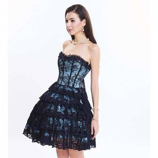 Light blue Victorian Elegant Sweetheart Neck Strapless Lace Overlay A-line Corset Dress