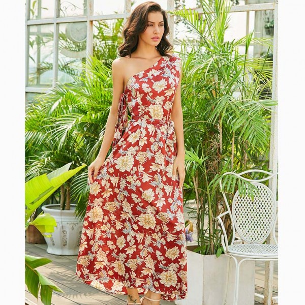 Women's Fashion Sleeveless One Shoulder Floral Print Maxi Dress