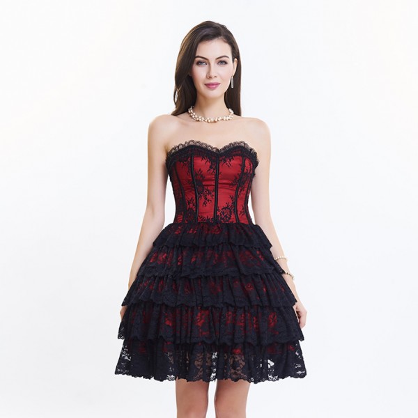 Red Victorian Elegant Sweetheart Neck Strapless Lace Overlay A-line Corset Dress