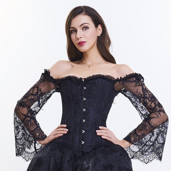 Fashion Plastic Boned Black Overbust Corset with Long Floral Lace Sleeve